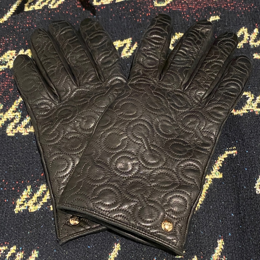 Coach Black Embossed Leather Gloves 6 1/2